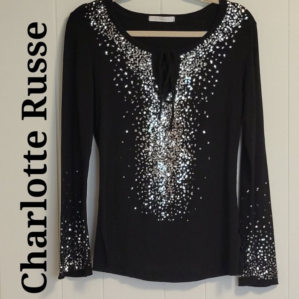 ❣️HP❣️Charlotte Russe black sequin top bell sleeves ties in front sz: M NWOT - Picture 1 of 5